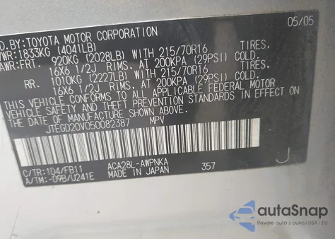 2005 Toyota Rav4 from USA, damaged, VIN JTEGD20V050082387